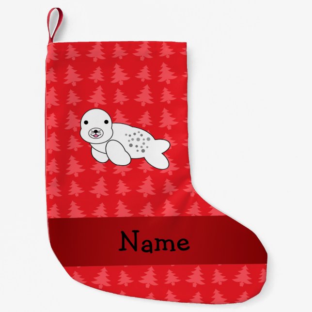 Personalised name seal red christmas trees small christmas stocking (Front)