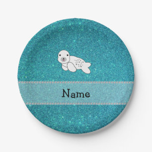Personalised name seal turquoise glitter paper plate
