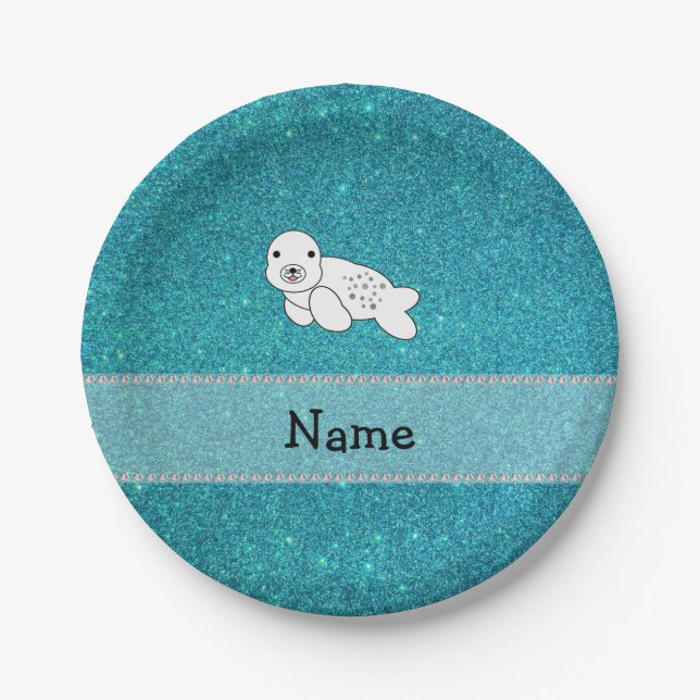 Personalised name seal turquoise glitter paper plate (Front)