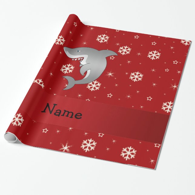 Personalised name shark red snowflakes wrapping paper (Unrolled)