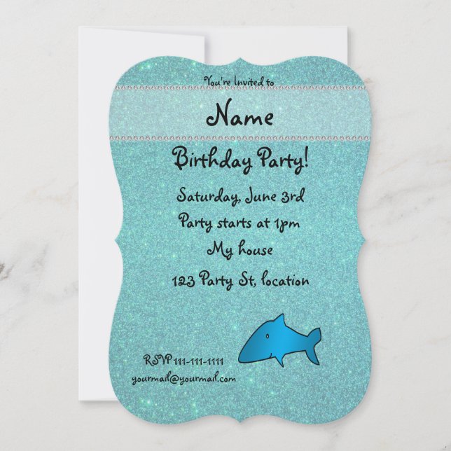 Personalised name shark turquoise glitter invitation (Front)