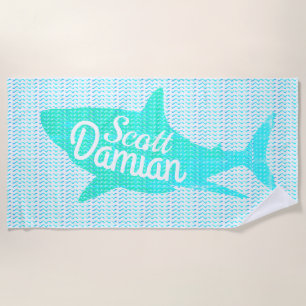 Personalised Name Shark Waves Custom Colours Beach Towel