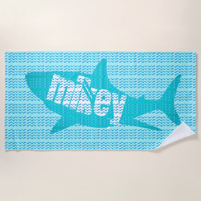 Personalised Name Shark Waves Custom Colours Beach Towel (Front)