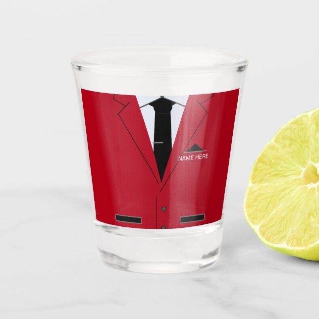 Personalised Name Shot Glass with Red Suit and Tie (Front)