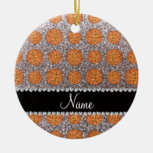 Personalised name silver glitter basketballs ceramic tree decoration