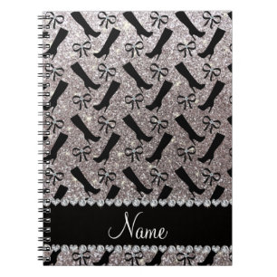 Personalised name silver glitter boots bows notebook