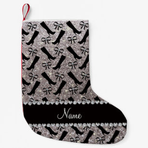 Personalised name silver glitter boots bows small christmas stocking