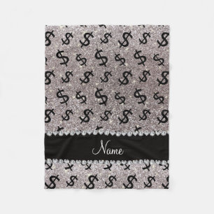 Personalised name silver glitter dollar signs fleece blanket