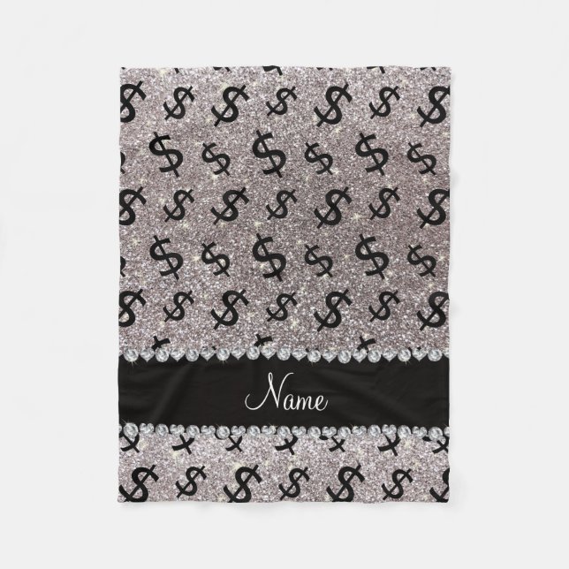 Personalised name silver glitter dollar signs fleece blanket (Front)