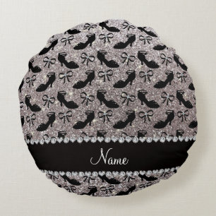 Personalised name silver glitter fancy shoes bows round cushion