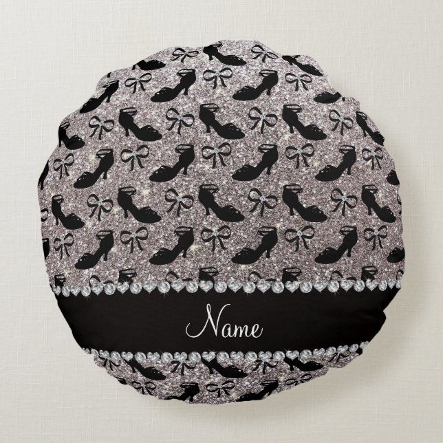 Personalised name silver glitter fancy shoes bows round cushion (Back)