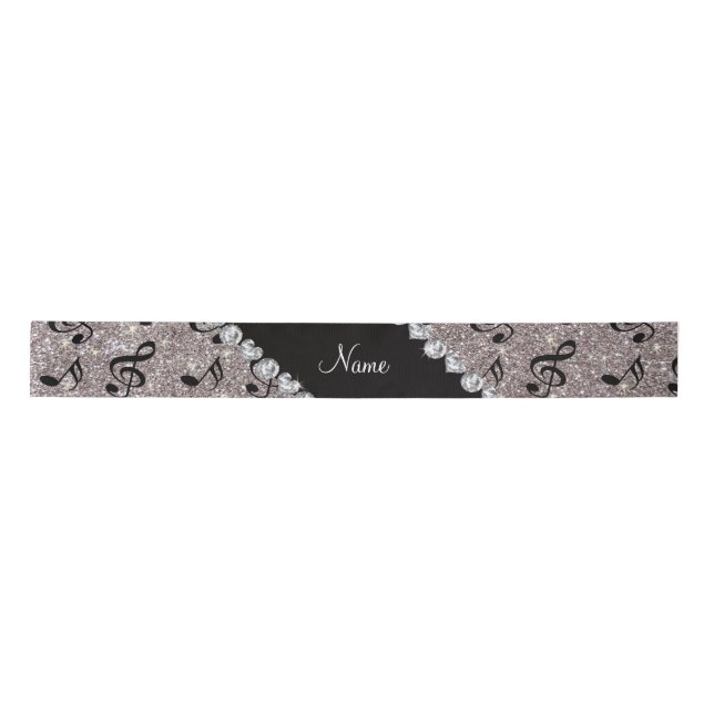 Personalised name silver glitter music notes satin ribbon (Front)