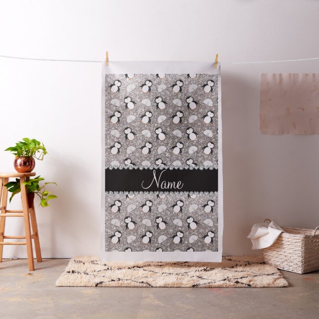 Personalised name silver glitter penguins igloos fabric (In Situ)