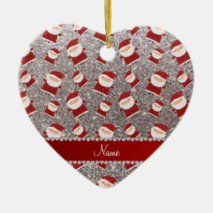 Personalised name silver glitter santas ceramic ornament