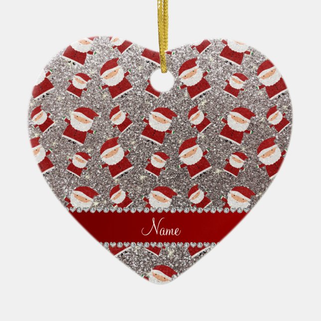 Personalised name silver glitter santas ceramic ornament (Front)