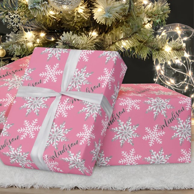 Personalised Name Silver Snowflake Pink Gift Wrapping Paper (Creator Uploaded)