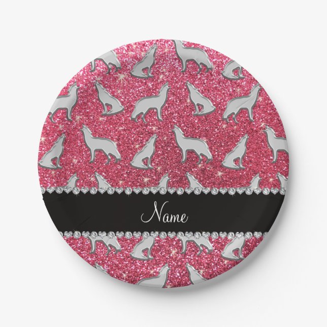 Personalised name silver wolf fuchsia pink glitter paper plate (Front)