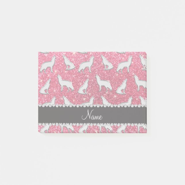 Personalised name silver wolf fuchsia pink glitter post-it notes (Front)