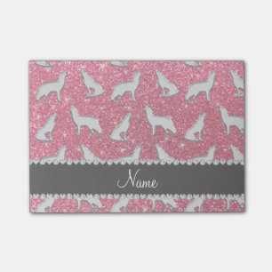 Personalised name silver wolf fuchsia pink glitter post-it notes