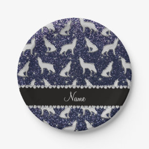 Personalised name silver wolf navy blue glitter paper plate