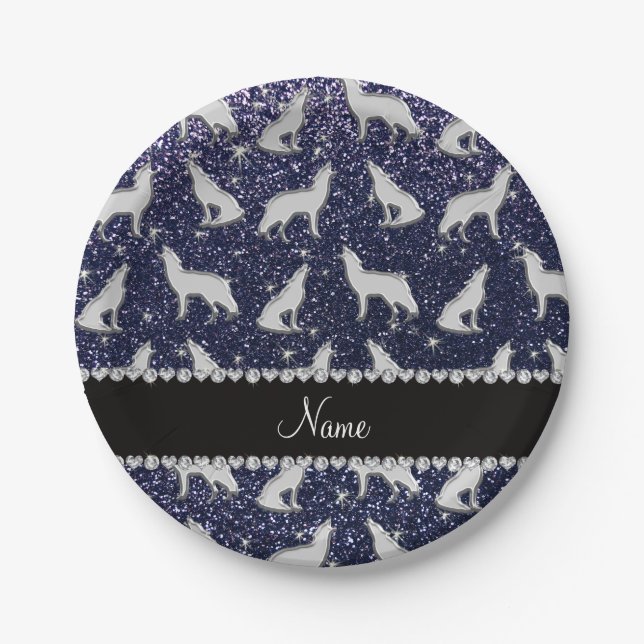 Personalised name silver wolf navy blue glitter paper plate (Front)