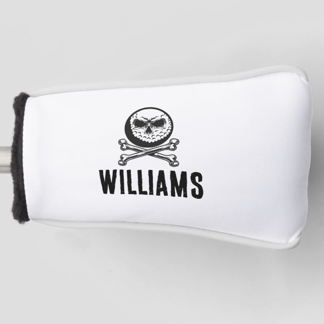 Personalised Name Skull Golf Ball And Crossbones Golf Head Cover (Front)