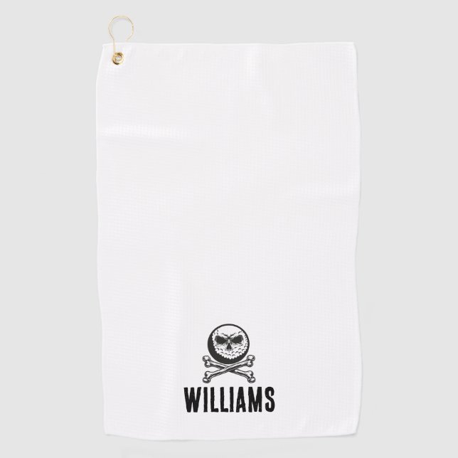 Personalised Name Skull Golf Ball And Crossbones Golf Towel (Front)