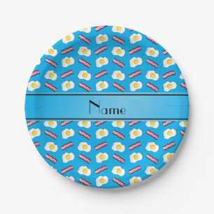 Personalised name sky blue bacon eggs paper plate