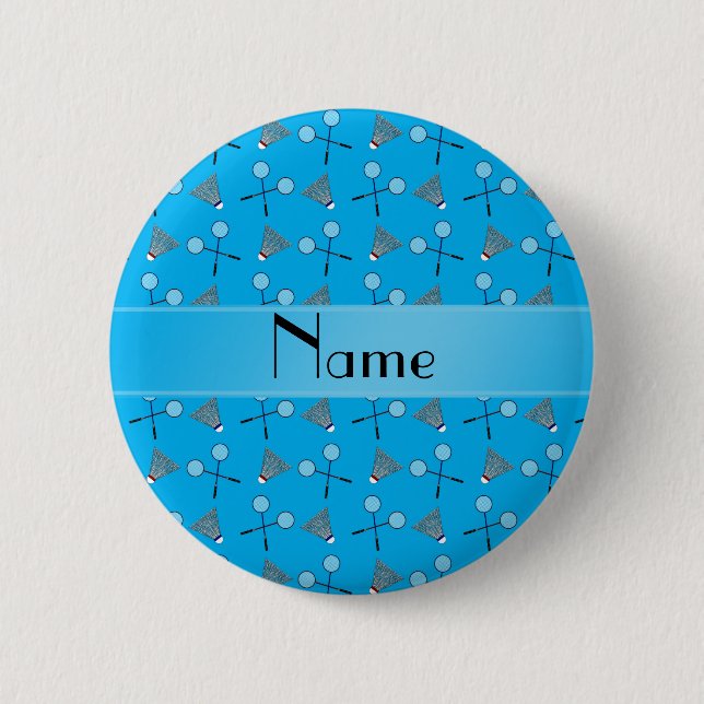 Personalised name sky blue badminton pattern 6 cm round badge (Front)