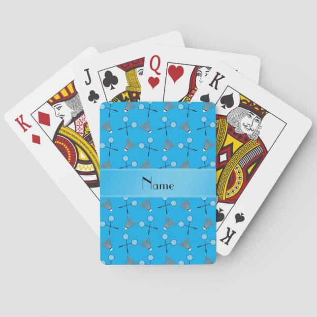 Personalised name sky blue badminton pattern playing cards (Back)