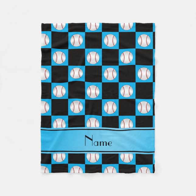 Personalised name sky blue baseball checkers fleece blanket (Front)