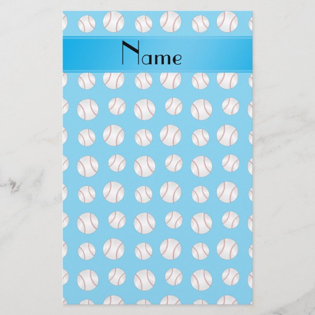 Personalised name sky blue baseballs pattern stationery (Front)