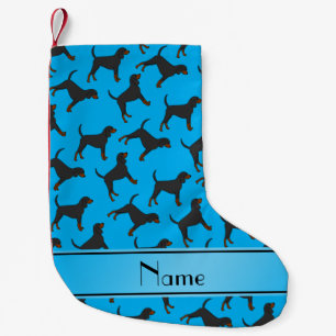 Personalised name sky blue black tan coonhounds small christmas stocking