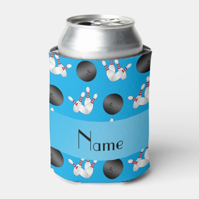 Personalised name sky blue bowling pattern can cooler (Can Front)