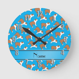 Personalised name sky blue Bulldog Round Clock