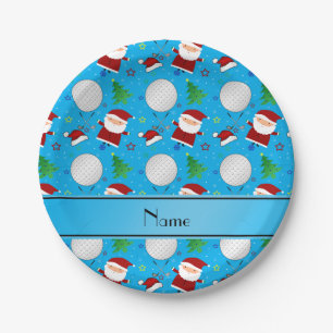 Personalised name sky blue christmas golfing paper plate
