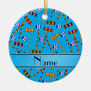 Personalised name sky blue croquet pattern ceramic tree decoration