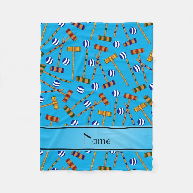 Personalised name sky blue croquet pattern fleece blanket (Front)