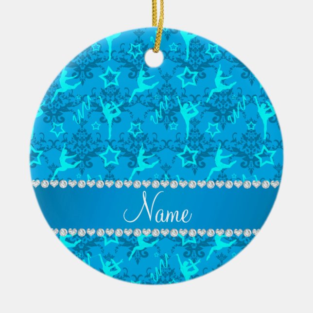 Personalised name sky blue damask gymnastics ceramic tree decoration (Front)