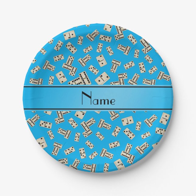 Personalised name sky blue dominos paper plate (Front)