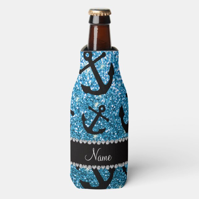 Personalised name sky blue glitter anchors bottle cooler (Bottle Front)