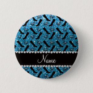 Personalised name sky blue glitter boots bows 6 cm round badge