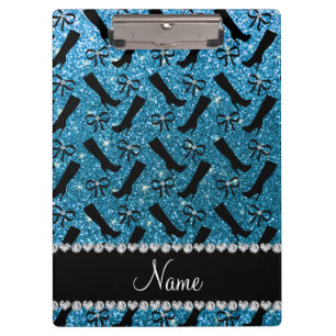 Personalised name sky blue glitter boots bows clipboard
