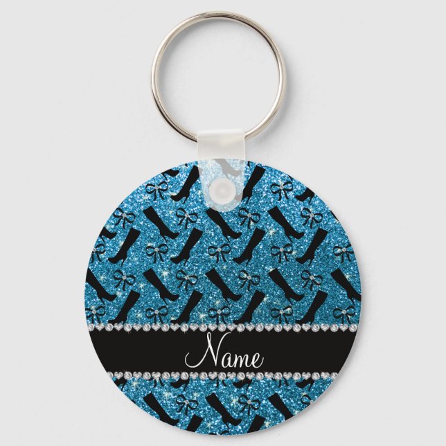 Personalised name sky blue glitter boots bows key ring (Front)