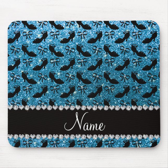 Personalised name sky blue glitter fancy shoes bow mouse pad (Front)