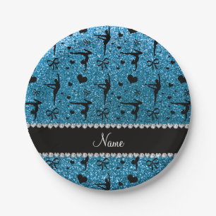 Personalised name sky blue glitter gymnastics paper plate