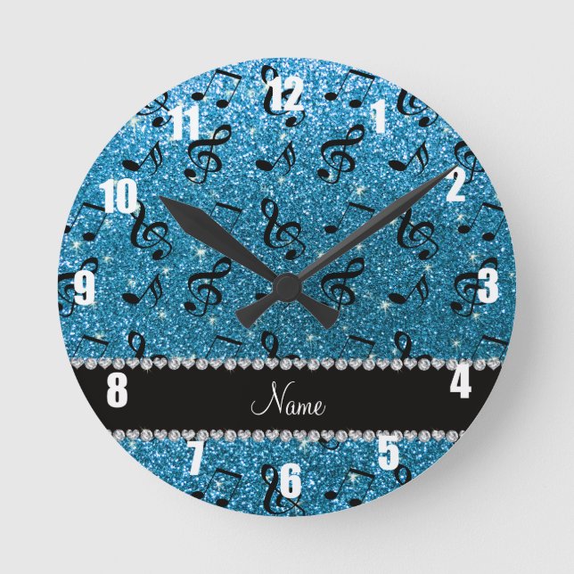 Personalised name sky blue glitter music notes round clock (Front)