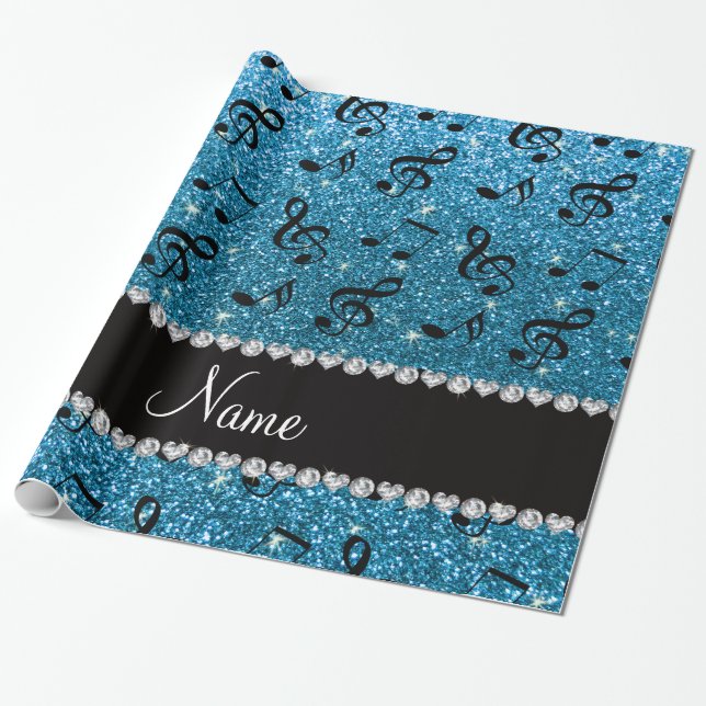 Personalised name sky blue glitter music notes wrapping paper (Unrolled)