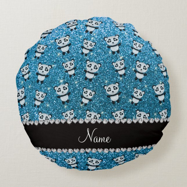 Personalised name sky blue glitter pandas round cushion (Back)