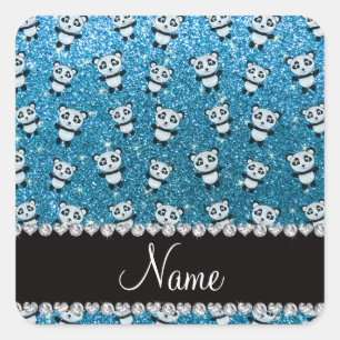 Personalised name sky blue glitter pandas square sticker